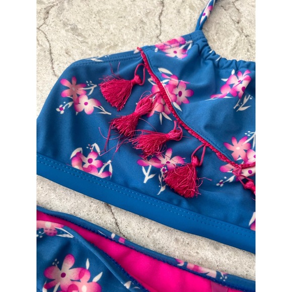 Youth Girls 2 Piece Bikini Swimsuit Set  Blue & Hot Pink Floral Pattern- Size 14 - Picture 4 of 9